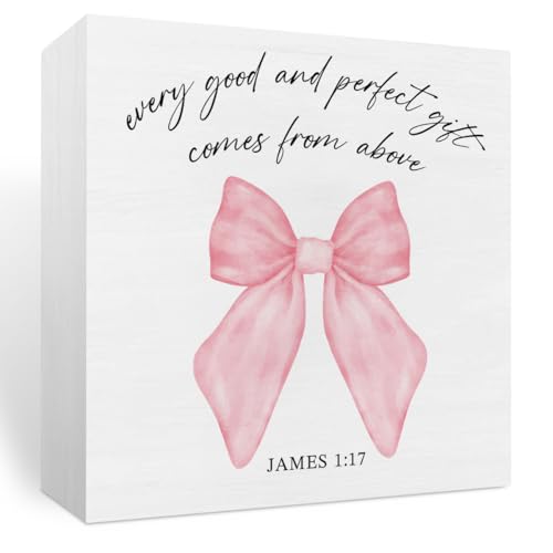 Pink Room Decor, Christian Bible Verse Decoration, Christian Gifts for Women, Pink Coquette Bow Decoration, Birthday Gift for Women,Inspirational Wooden Box Sign Office Accessories Decor-James 1:17