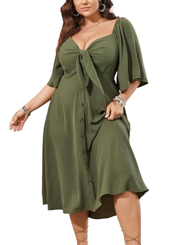 Image of SCOMCHIC Plus Size Summer Dress Casual Short Sleeve Bow Tie Deep V Neck Smocked Button Down Midi Flowy A-line Boho Dresses
