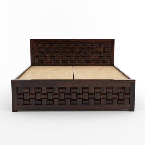 Image of Sheesham Wood King Size Bed with Storage Box | Wooden Box Bed King Size Double Cot Bed with Storage for Bedroom | Premium Niwar Design Headboard Bed for Hotel, Home | Walnut Finish