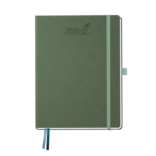 BEZEND A4 Academic Diary 2026-2027 Week to View Hardcover runs Jul'26 - Dec'27. Horizontal Weekly Planner with Notes, Monthly Tabs & Inner Pocket. for Work and Home. Vegan Leather Cover - Olive
