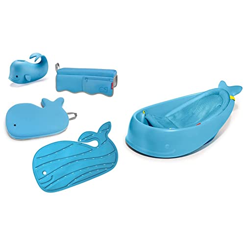Image of Gift Set of Skip Hop Moby Baby Bath Essential Set, Blue + Skip Hop Baby Bath Tub, 3-Stage Smart Sling Tub, Moby, Blue