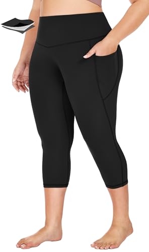 Heathyoga XL-6XL Plus Size Capri Leggings for Women with Pockets Tummy Control Capri Yoga Pants High Waisted Leggings Black 3X-Large