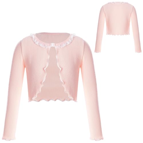 JEATHA Kids Girls Long Sleeve One Buckle Bolero Shrug Lettuce Edge Sweater Cardigan for Ballet Dance Warm-up