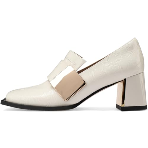 Image of Loafers for Women Patent Leather Buckle Square Toe Chunky Block Dress Slip On Wide Casual Comfortable Dressy High Heels Ladies Comfort Moccasins Elegantes 2 Inch Shoes