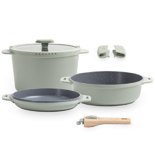 Brinox - Jogo de Panelas Empilhável Brinox Loft 7 Peças Antiaderente Ceramic Life Cabo Removível e Fundo de Indução - Verde