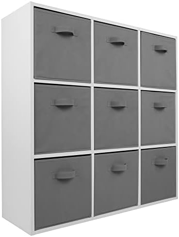 Charles Jacobs White 9 Cube Storage Shelving Unit + 9 Grey Fabric...