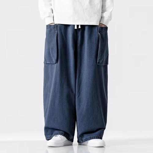 Jeans Men Loose Wide Leg Pants Men Vintage Elastic Waist Cargo Jean Pants Male Hip Hop Big Pocket Trousers2