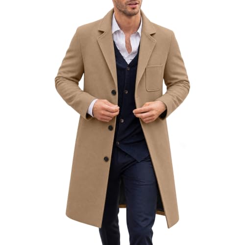 VBTAPA Winter Coat Trench Coat Men Slim Fit Mid Length Pea Coat Winter Overcoat Notched Collar Business Formal Casual Fall Long Jackets Khaki S - image 6