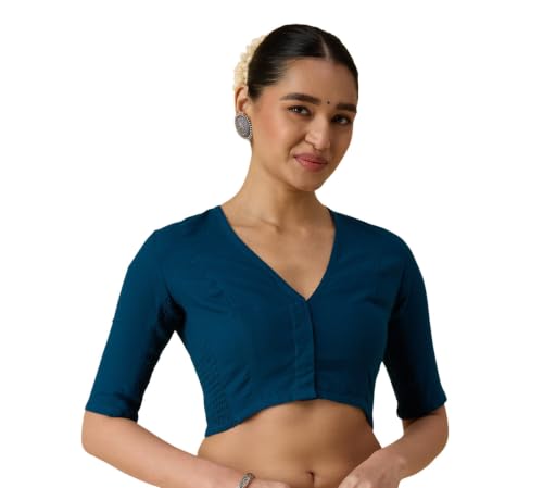 Image of Studio Shringaar Women's Thick Handloom Cotton Plain Side Stretch (Smocked) Readymade Saree Blouse
