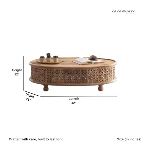 Image of Wooden Coffee Table for Living Room | Kara Solid Wood Handcrafted Center Table for Living Room | Oval Tea Table for Living Room | Wooden Furniture for Home (Natural)