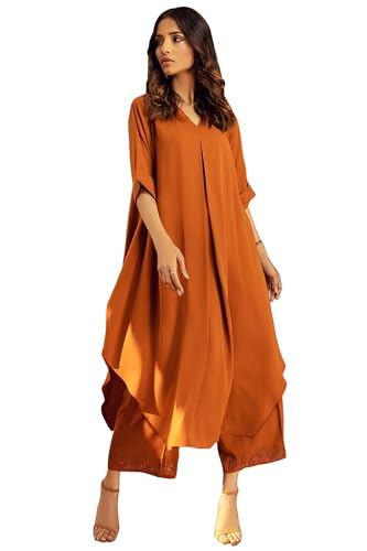 Image of ANNI DESIGNER | Women's Pure Cotton Rust Co-ord Set | A-Line Kurta with Pants | Ethnic Two Piece Set | Casual & Office Wear Coord Set for Women | Stylish Dress