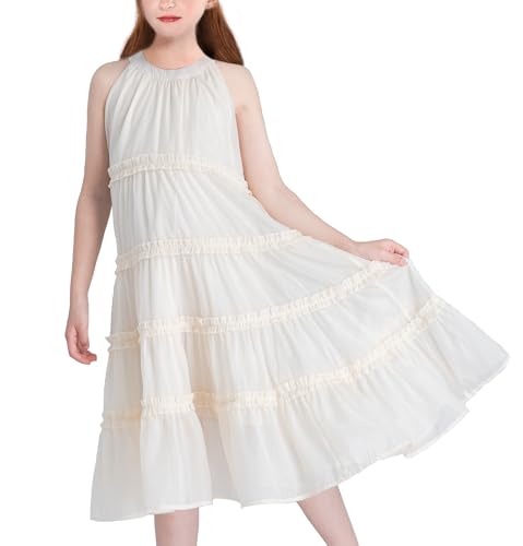 SOLOCOTE Girls Halter Neck Sleeveless Summer Dress Cold Shoulder Ruffle Casual Midi Sundress for Kids 8-14