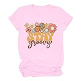 T Shirt - Camiseta de manga corta para mujer, cuello redondo, diseño floral botánico, Rosa., L