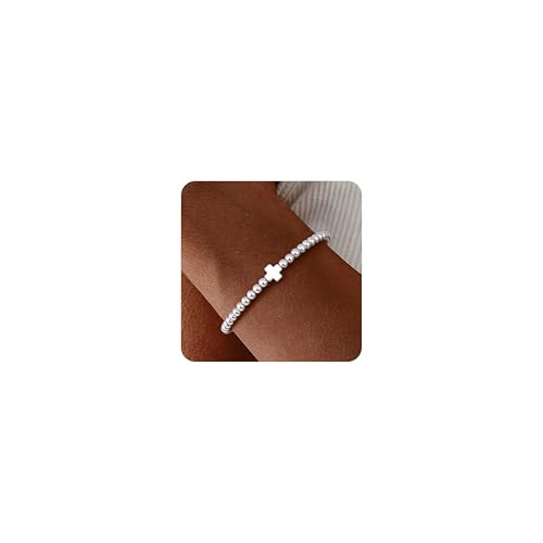Lisitine Silver Bracelet for Women Silver Beaded Bracelets Stretch Bracelet Jewelry for Women(Cross-1 Silver)