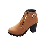 Women Ankle Booties Lace Up Chunky Mid Heel Boots Round Toe Comfy Shoes with Side Zip Fall Winter Outdoor Boot Brown