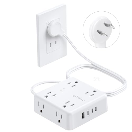 TROND 2 Prong Power Strip 2 to 3 Prong Outlet Adapter 5ft Extension Cord Polarized Flat Plug 8 AC 4 USB 1625W 1440J Surge Protector Wall Mount Ideal for Old House Non-Grounded Outlets White
