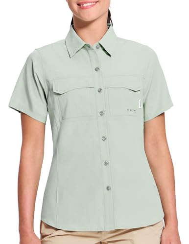 Haimont Women's UPF 50+ Sun Protection Button Down Fishing Hiking Travel Shirts Short Sleeve Quick Dry Shirt with Pockets