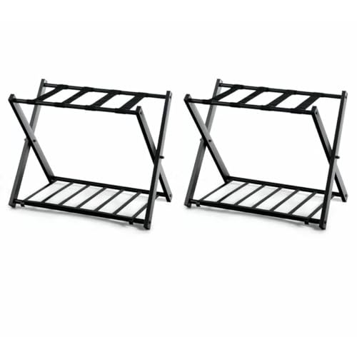 Set of 2 - Folding Black Metal Luggage Rack with Bottom Storage Shelf New