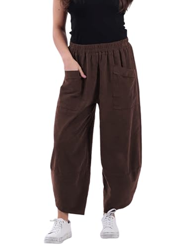 Yeokou Womens Baggy Wide Leg Pants Casual Corduroy Elastic Waist Harem Trousers with Pockets