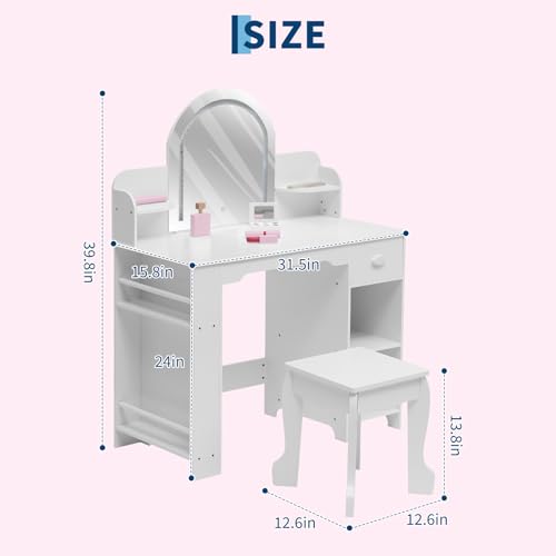 Garvee Kids Vanity with Lighted Mirror & Stool, Little Girls Vanity with Adjustable LED Light, Bookshelf, Storage Drawer & Shelves for Girls 3-9, White