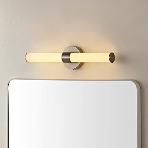 Image of JONATHAN Y 20.13 inch Nickel /White 1-Light Integrated LED Vanity Light, Mid-Century Modern Iron Sconce with Frosted Acrylic Shade, Dimmable Bathroom Light Fixture for Mirror, 3000K (JYL7119B)