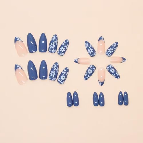 Image of Blue Press on Nials White Flower Fake Nails Medium Almond False Nails with Design French Tip Glue on Nails Artificial Acrylic Nail full Cover Spring Floral Stick on Nails for Women Manicure 24Pcs