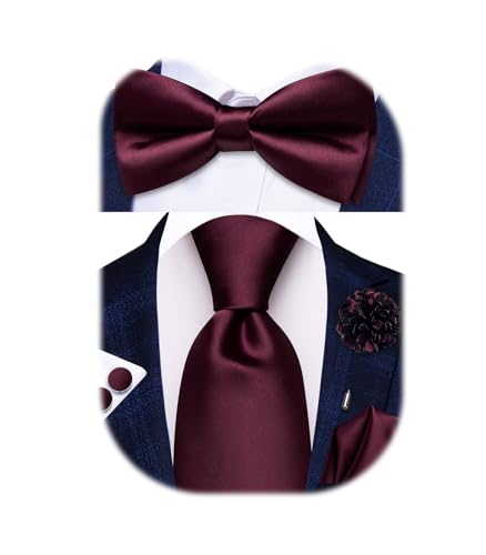 Image of Hi-Tie 5Pcs Mens Solid Color Silk Tie Satin Pretied Bowtie Lapel Pin for Men Handkerchief Cufflink Wedding Gift Box