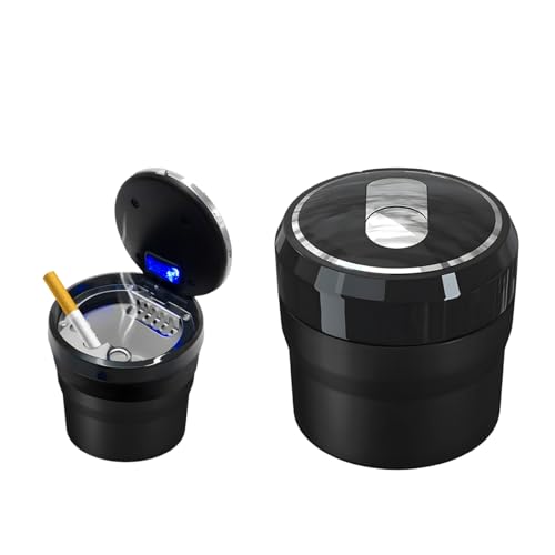 Image of DXNQ Car Ashtray with Lid, Easy Clean Up Detachable Smokeless Ashtray with LED Blue Light, Portable Mini Ash Tray Cup Holder for Car Home Office Travel, Interior Auto Accessories (Black, Small)