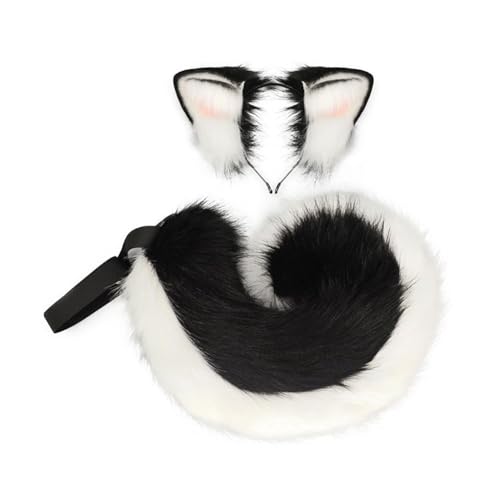 ILUFAM Dog Ears & Tail Cosplay Set - Anime Animal Ears Headband Furry Tail with Detachable Waist Strap for Halloween Costume Parties (Black)