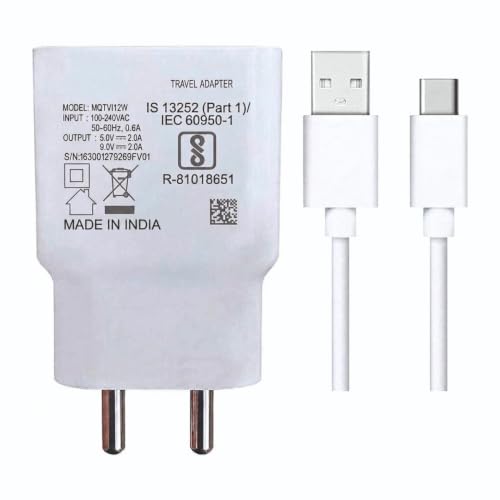 Image of Fast Charger for Samsung Galaxy M33 (5G) M12,A12,C9 Original Adapter Like Wall Charger | Fast Mobile Power Adapter | Android USB Charger with 1 Meter USB Type C Charging Data Cable 2.4 Amp, White