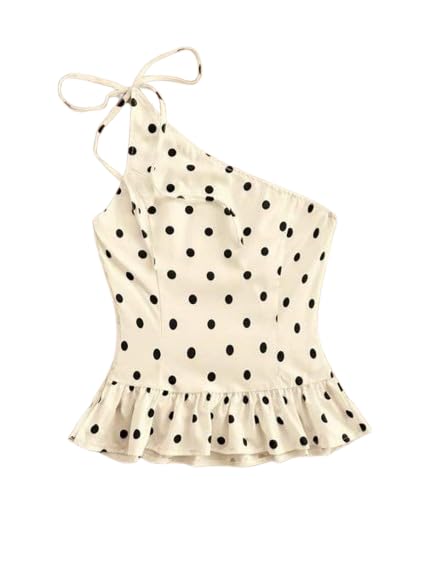 Women's Polka Dot One-Shoulder Peplum Top with Tie Strap Size S-picture-12