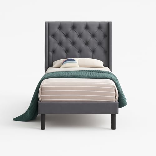 Image of Wooden Upholstered Bed Single Size Without Storage | Wrought Iron Single Size Cot with Headboard | Upholstered Bed for Bedroom | Palang Furniture for Living Room, Grey Finish-1 (75x48)