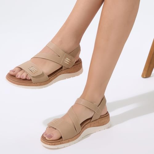 Image of UBFEN Womens Low Wedge Walking Sandals with Arch Support | Open Toe Sandals Adjustable Instep and Ankle Straps for Summer Everyday Outfits, Travel,Vacation