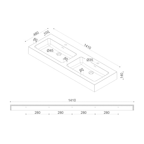 doporro Doppelwaschbecken Waschbecken BTH: 140x48x13 cm Partner-Waschbecken aus Gussmarmor Weiß (Matt) Colossum830