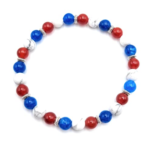 Bracelet Patriotique Kyanite bleu, Howlite blanc et Agate rouge en Pierres Naturelles Qualité AAA | Taille personnalisée de 12 à 22 cm au choix | Perles...