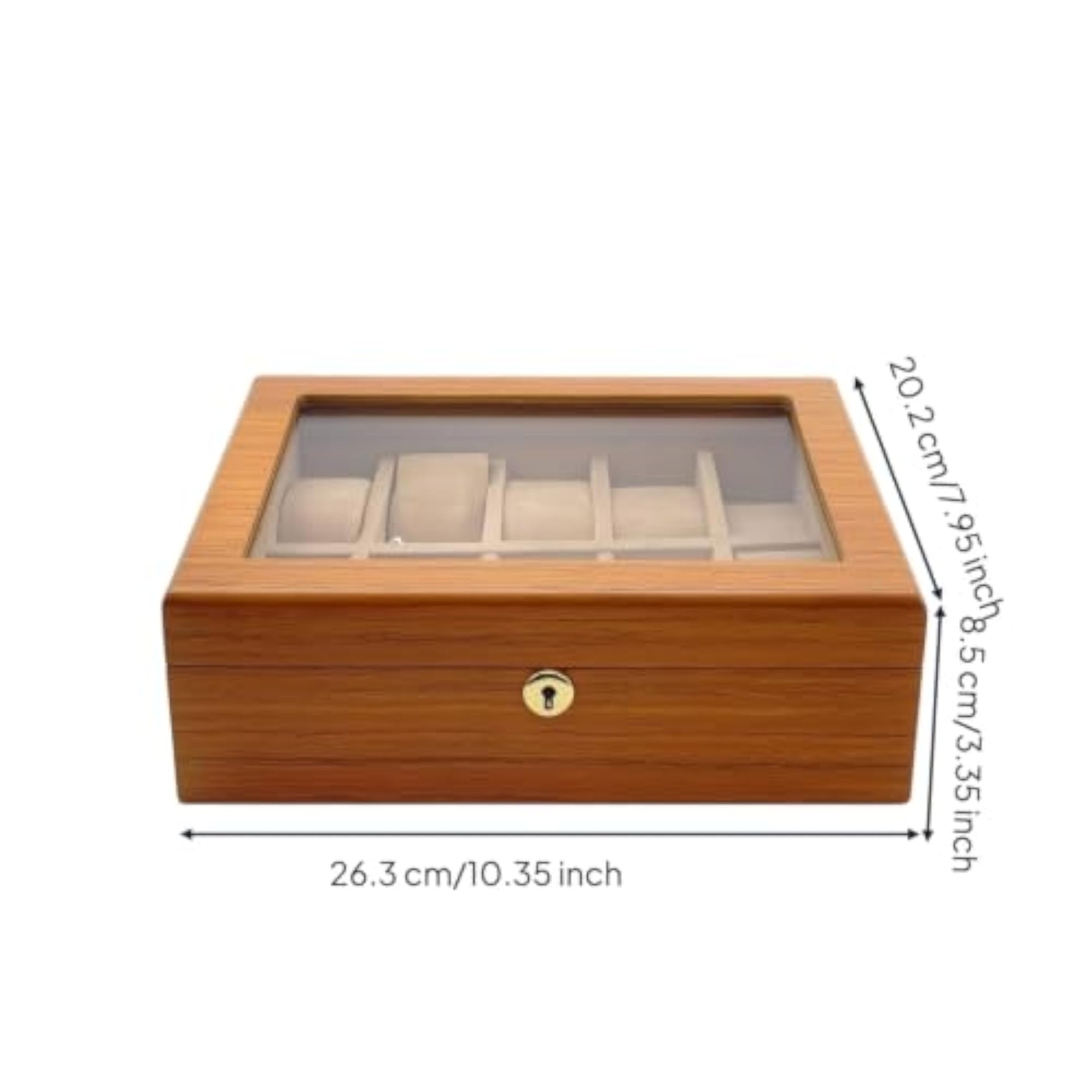 Clear Watch Display Case with Glass Lid, 10-Slot Teak Grain