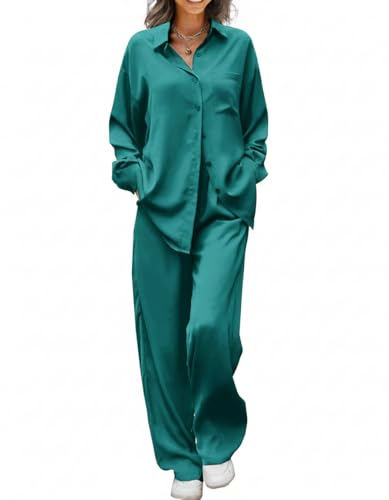 Image of Ekouaer Womens Satin Silky Pajama Set Soft Long PJs Button Down Loungewear | Print Sleepwear Cozy Lounge Set Classic Button Down Shirt and Long Pant with Pockts