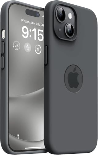 Image of VONZEE Microfiber Logo Cut Cover Compatible for iPhone 15 Case Liquid Silicone Case Non-Slip Full Body 4 Layer Protective Covers Shockproof Back Cover with High Raised Camera Lips (Dark Grey)