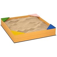 Outsunny Kids Wooden Sand Pit, Children Sandbox w/Non-Woven Fabric, Four Seats, for Gardens, Playgrounds, 109 x 109 x 20cm - Natural Wood Effect