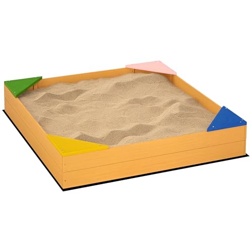Outsunny Sabbiera per Bambini da 4 Posti in Legno di Abete con Design senza Fondo e Fodera Rimovibile, 109x109x19.8 cm,...