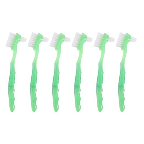 HONITANO 6pcs Dual-Ended Denture Brush for False Teeth - Ergonomic Handle Toothbrush with Soft Bristles - Green Oral Cleaning Tool for Elderly Denture Care Deep Clean