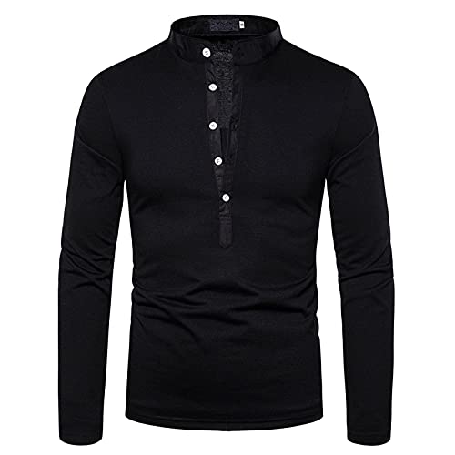 Shirts for Men Comfortable Linen Top Button V Neck Solid Color Slim Long Sleeve Blouse for Autumn and Winter (Black, M)