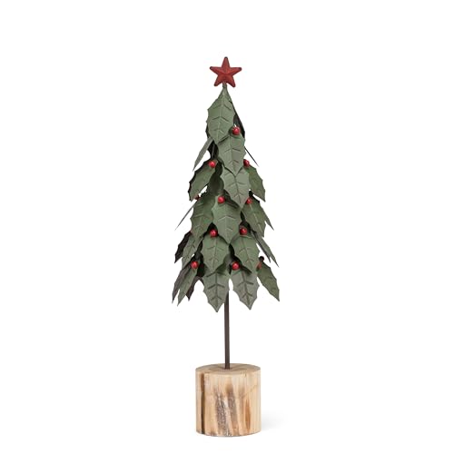 Abbott Collection Medium Holly Tree on Log Base Decorative Figurine - Metal/Wood, Green/Red (14.5 inches H)
