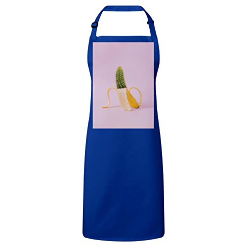 Tablier de cuisine bleu à motif banane et cactus sur fond rose lavable