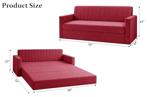 Image of Modern Velvet 3-Seater Sofa Cum Bed with Armrest, Convertible Sleeper Couch Sofa for Living Room, Bedroom & Office - Red Color