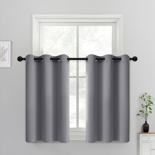 Yakamok Grey Blackout Curtains Room Darkening Thermal Insulated Grommet top Window Curtains Short Drapes for Living Room, 38 x 36 inch, Gray, 2 Panels