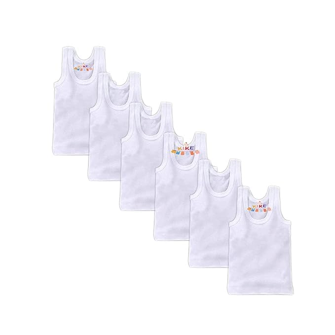 Image of KIKE Born Baby Pure Cotton Printed Regular Fit Sando Innerwear Baniyan Kids Vest Infants Sleeveless Undershirts for Cute Boys Girls Pack of 6 (0-3 Months, Plain White Vest)
