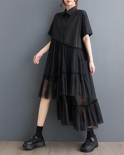 ellazhu Women's Shirt Dress Patchwork Short Sleeve Lapel Button Down Irregular Hem Tulle Solid Summer GZ2252