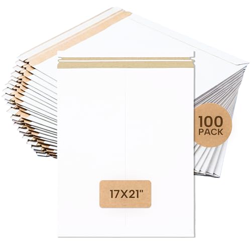 Image of BOX USA Rigid Mailers 17 inch x 21 inch (100-Pack) - Cardboard Mailer Envelopes for Posters, Large Prints, Architectural Plans - Stay Flat