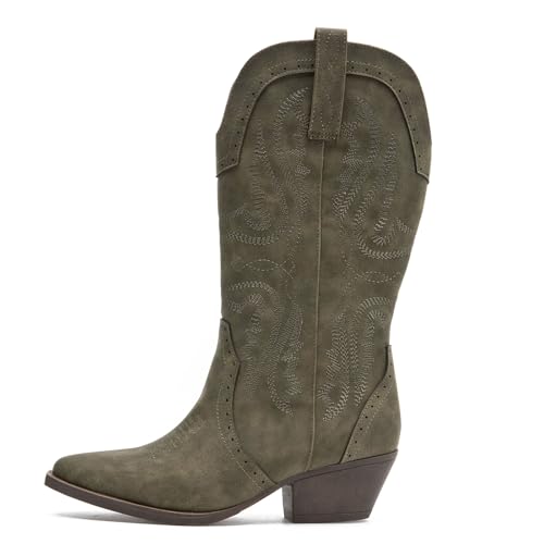 Image of SelRoys Cowboy Boots for Women Cowgirl Mid Calf Western Boots Embroidered Stitched Pointed Toe Chunky Block Heel Brown Red Black US5-11
